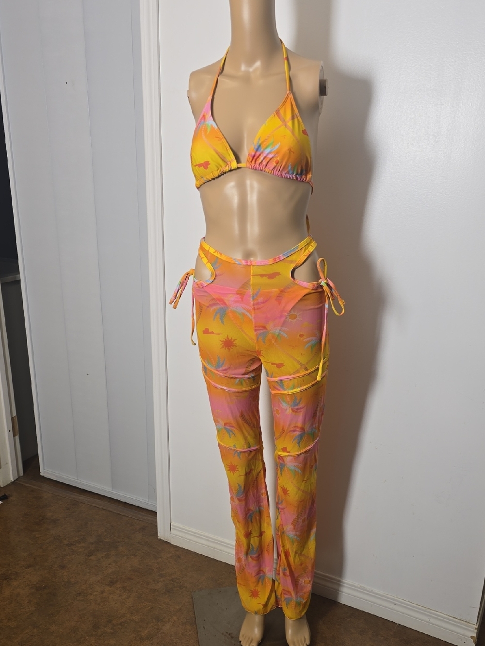 3 Piece Beach Set Sheer Pants And Opaque String Tie Bikini - xs-small